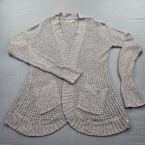 RD style Cardigan Sweater Womens Medium Gray Open Knit Ribbed Trim Acrylic